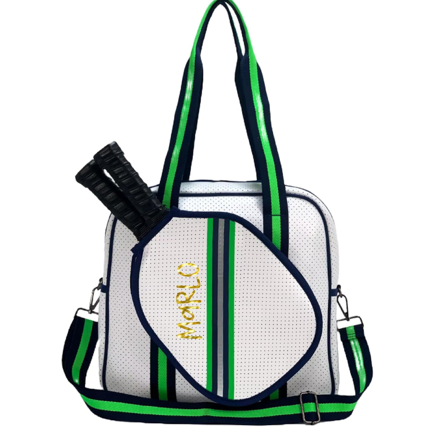 "Urban" White with Green/Blue Trim Pickleball Sports Bag (Free Personalization) | Medium Size Court Bag