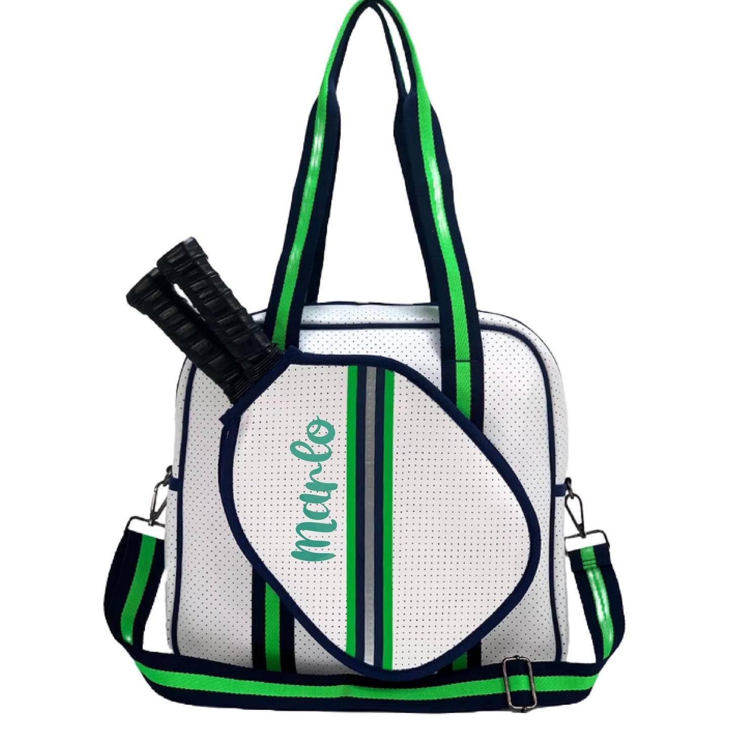 "Urban" White with Green/Blue Trim Pickleball Sports Bag (Free Personalization) | Medium Size Court Bag