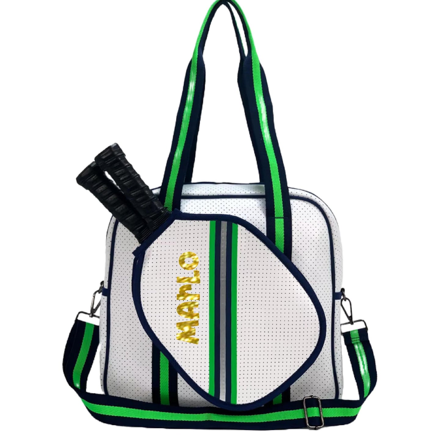 "Urban" White with Green/Blue Trim Pickleball Sports Bag (Free Personalization) | Medium Size Court Bag