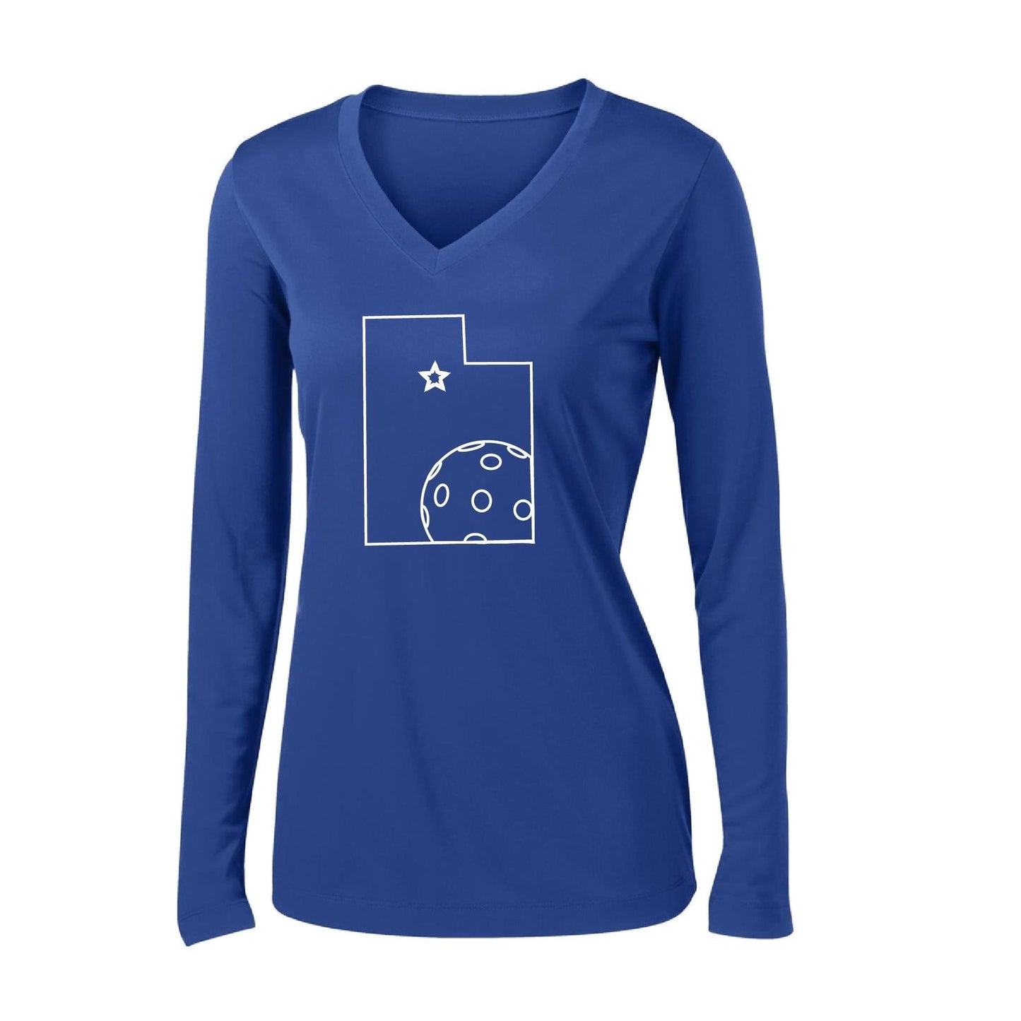 Utah With Pickleball | Women’s Long Sleeve V-Neck Pickleball Performance T-Shirt | 100% Polyester