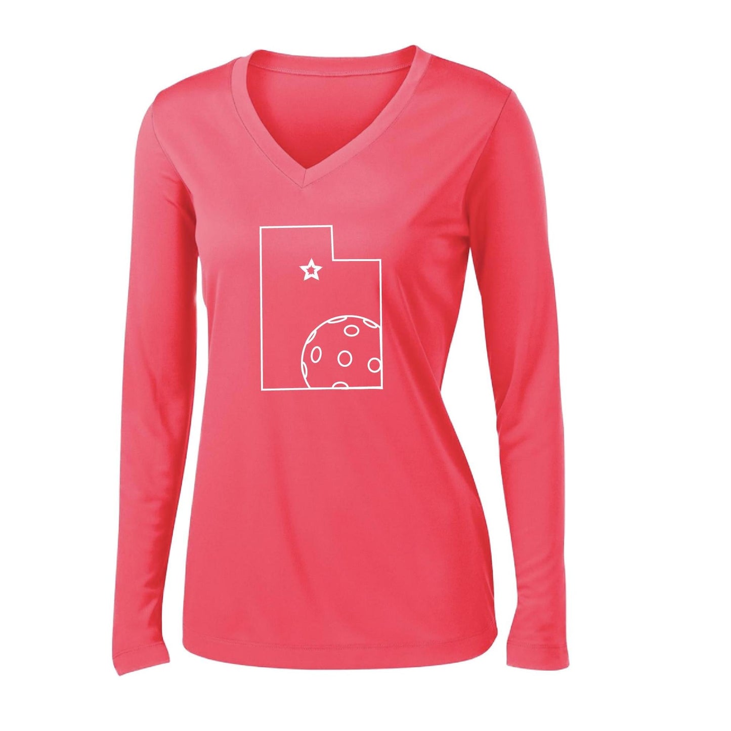 Utah With Pickleball | Women’s Long Sleeve V-Neck Pickleball Performance T-Shirt | 100% Polyester