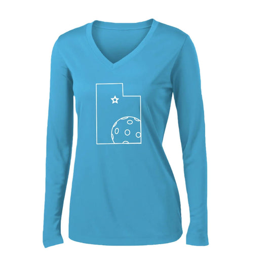 Utah With Pickleball | Women’s Long Sleeve V-Neck Pickleball Performance T-Shirt | 100% Polyester