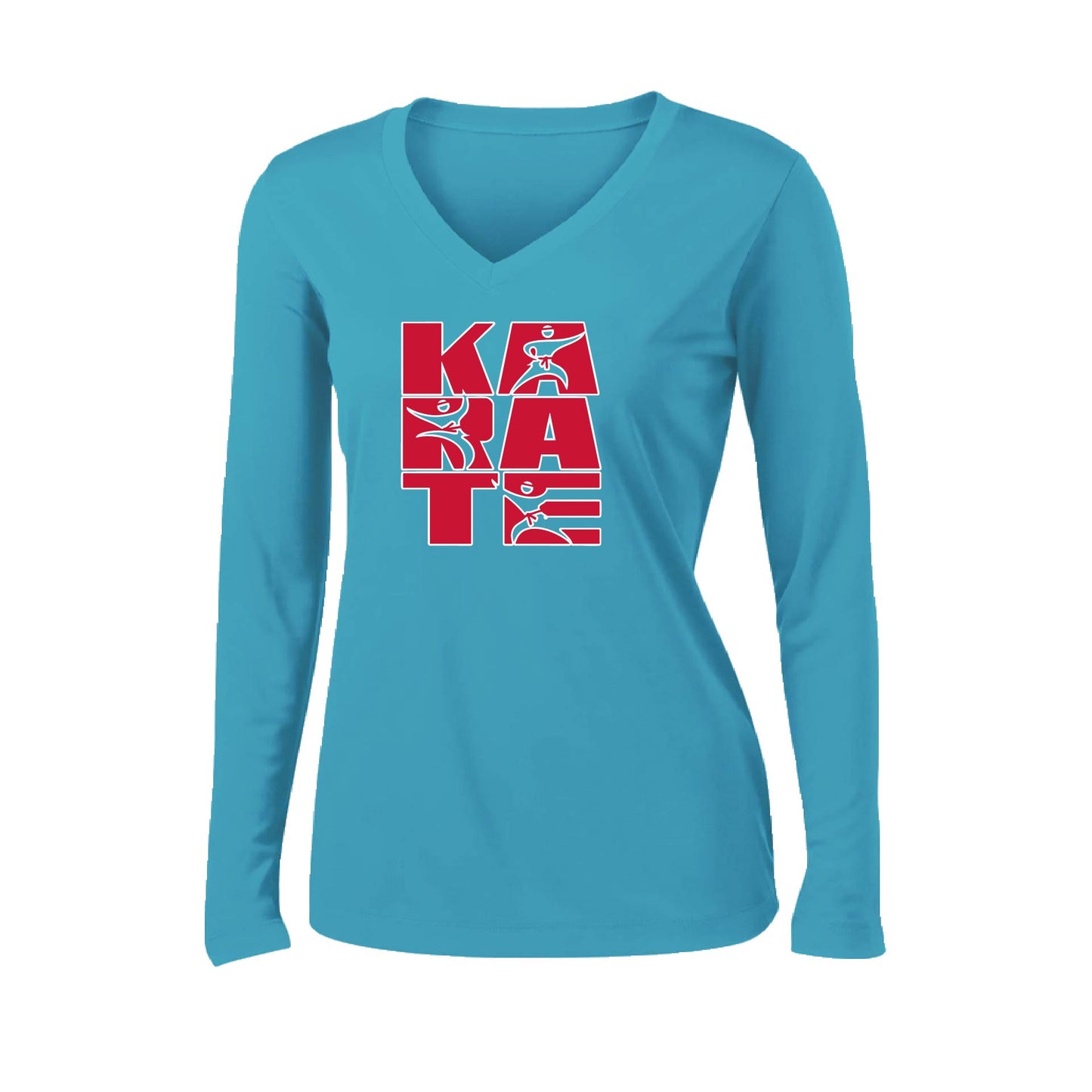 Karate Stacked | Women’s Long Sleeve V-Neck Karate Performance T-Shirt | 100% Polyester