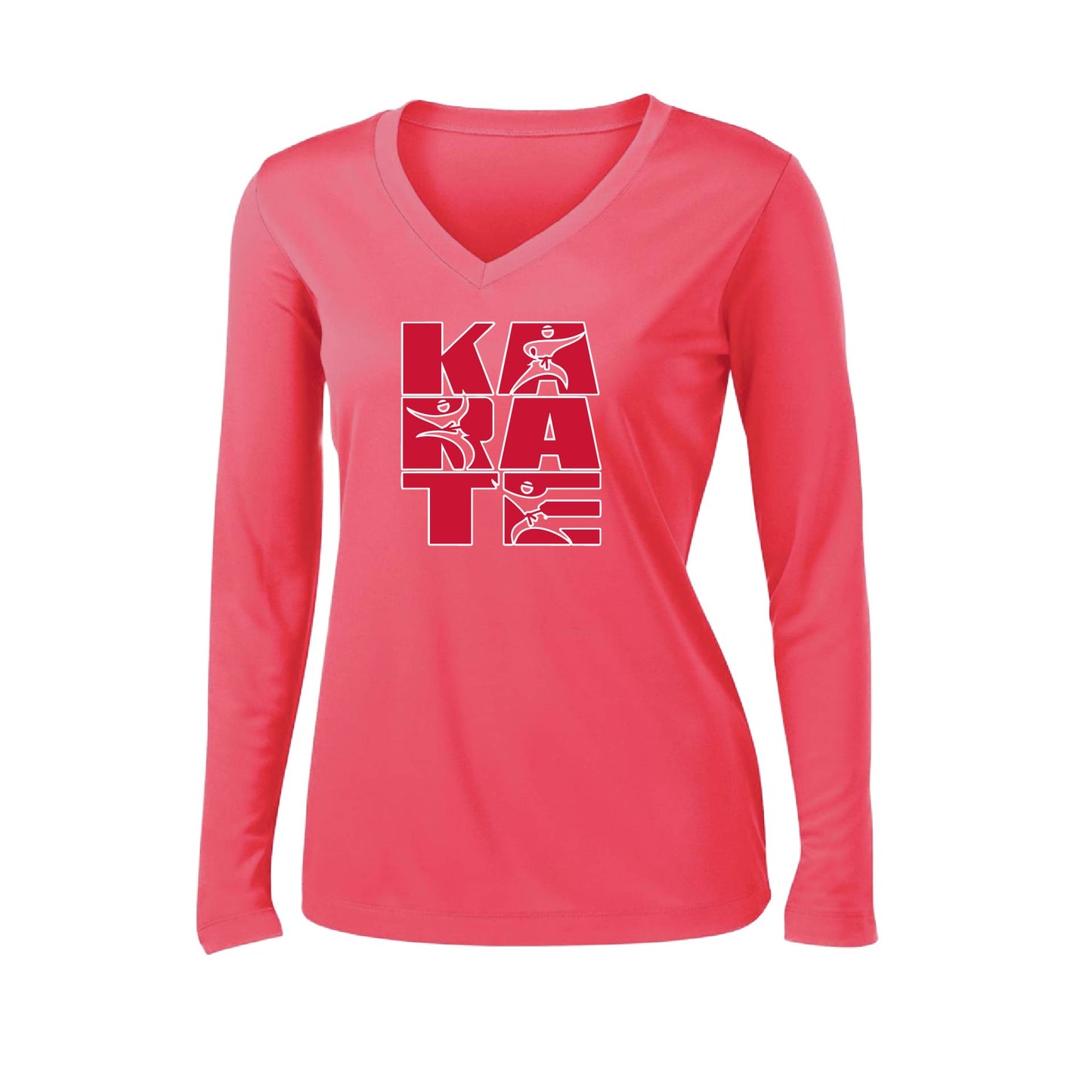 Karate Stacked | Women’s Long Sleeve V-Neck Karate Performance T-Shirt | 100% Polyester