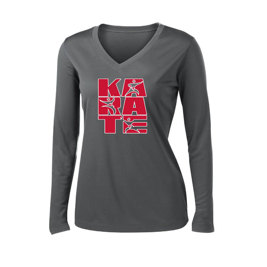 Karate Stacked | Women’s Long Sleeve V-Neck Karate Performance T-Shirt | 100% Polyester