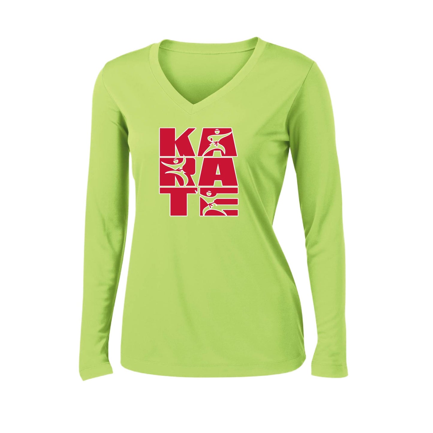 Karate Stacked | Women’s Long Sleeve V-Neck Karate Performance T-Shirt | 100% Polyester