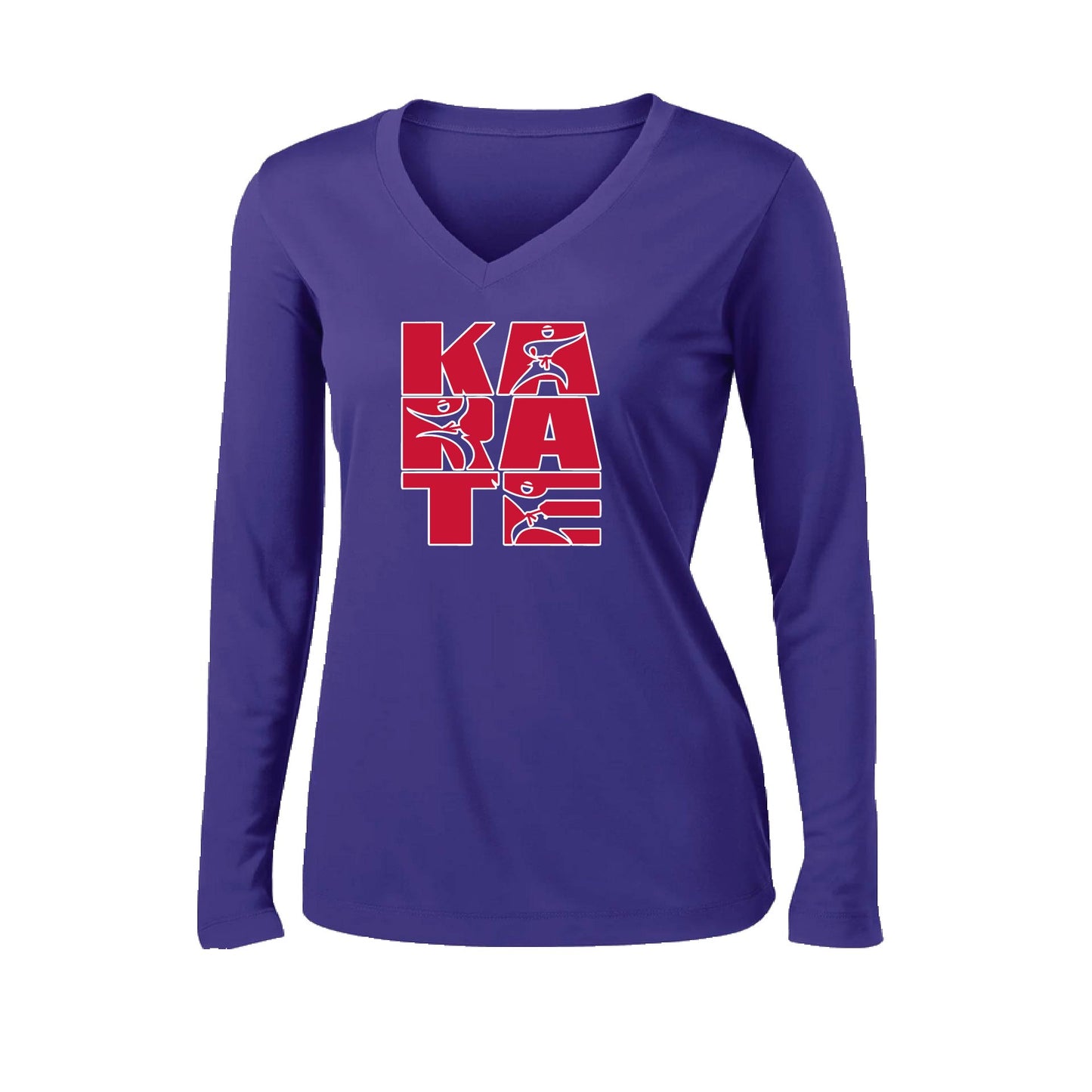 Karate Stacked | Women’s Long Sleeve V-Neck Karate Performance T-Shirt | 100% Polyester