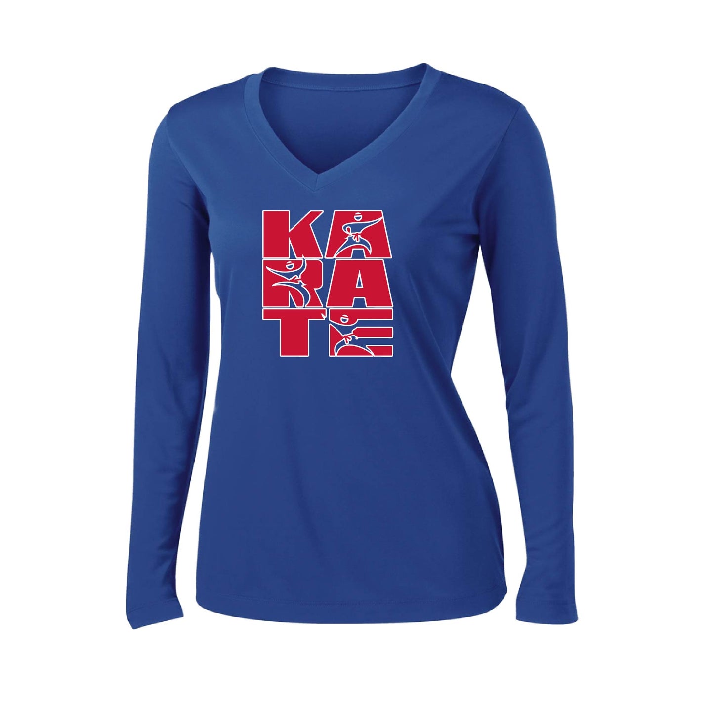 Karate Stacked | Women’s Long Sleeve V-Neck Karate Performance T-Shirt | 100% Polyester