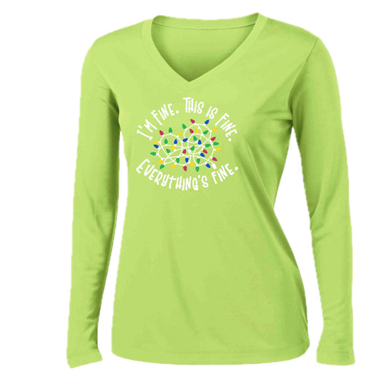 I'm Fine This is Fine Christmas | Women’s Long Sleeve V-Neck Performance T-Shirt | 100% Polyester