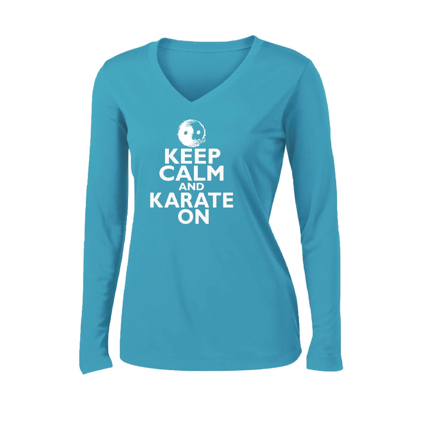 Keep Calm and Karate On | Women’s Long Sleeve V-Neck Karate Performance T-Shirt | 100% Polyester