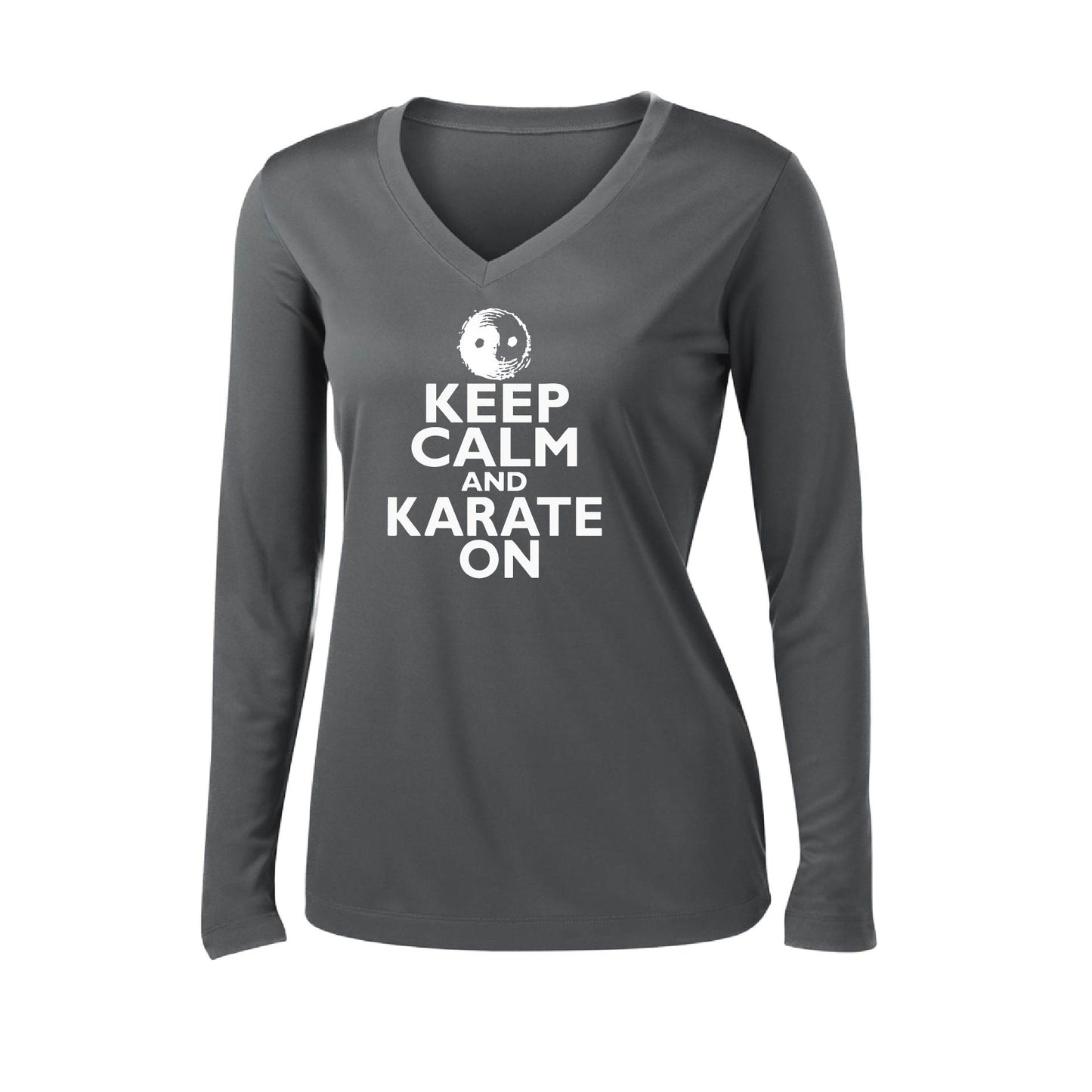Keep Calm and Karate On | Women’s Long Sleeve V-Neck Karate Performance T-Shirt | 100% Polyester