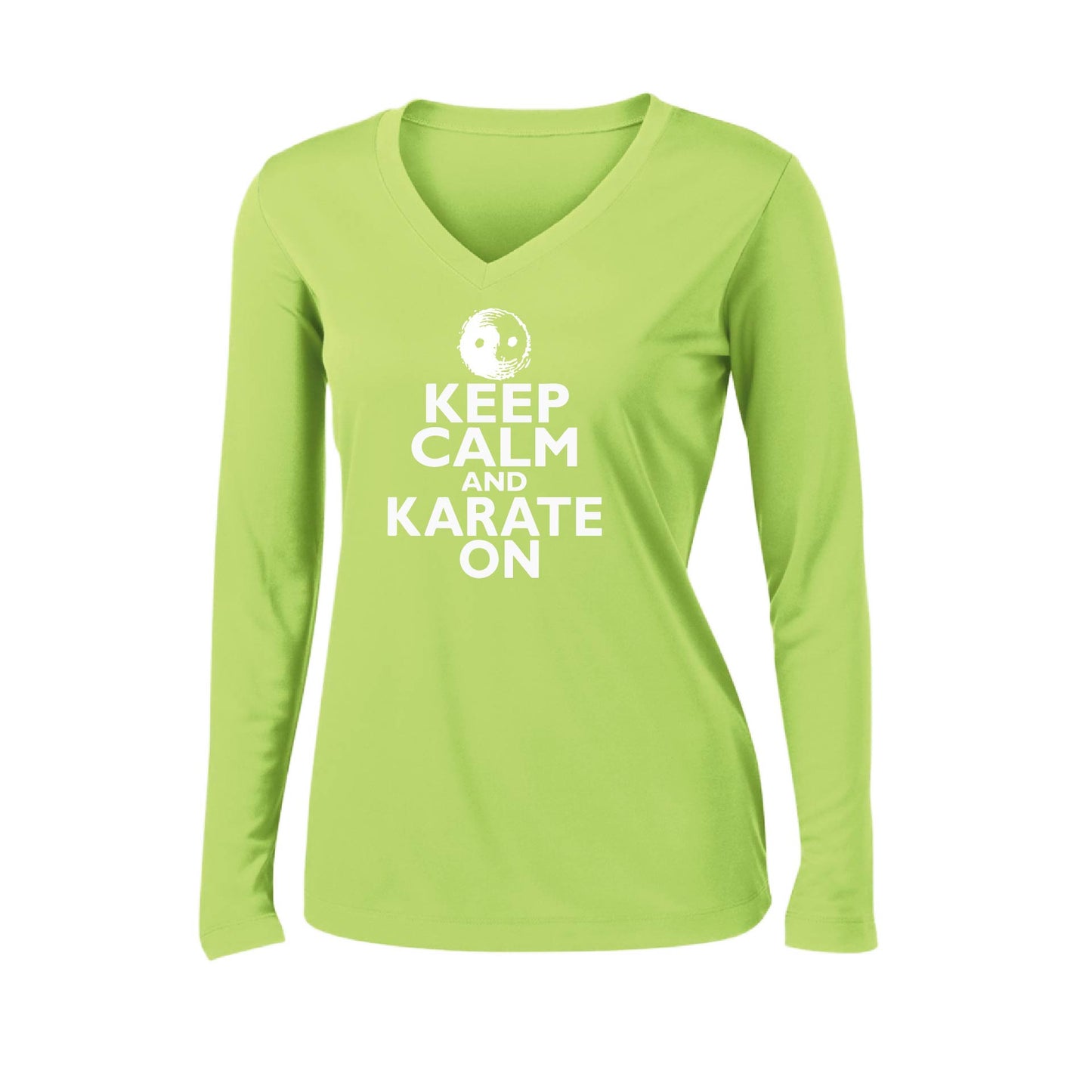 Keep Calm and Karate On | Women’s Long Sleeve V-Neck Karate Performance T-Shirt | 100% Polyester