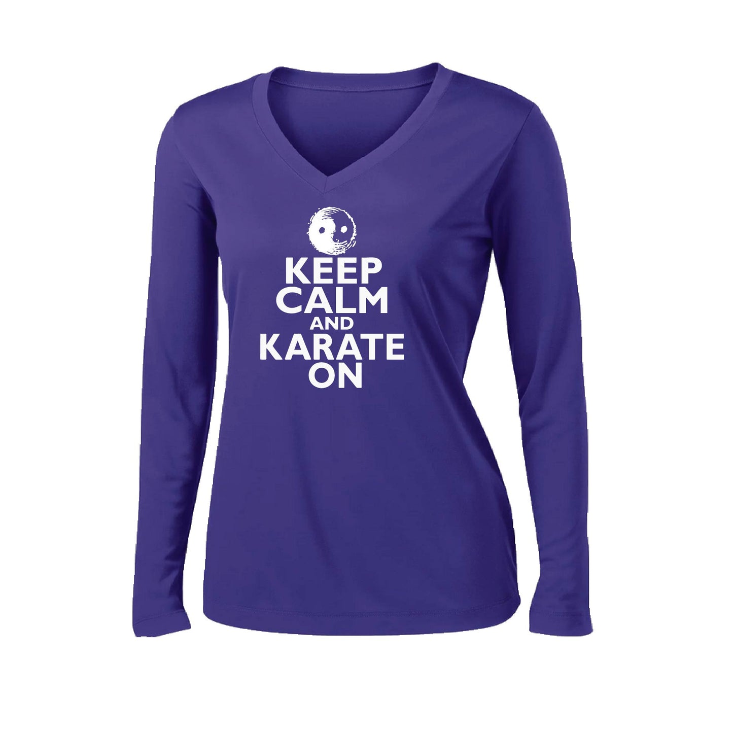 Keep Calm and Karate On | Women’s Long Sleeve V-Neck Karate Performance T-Shirt | 100% Polyester