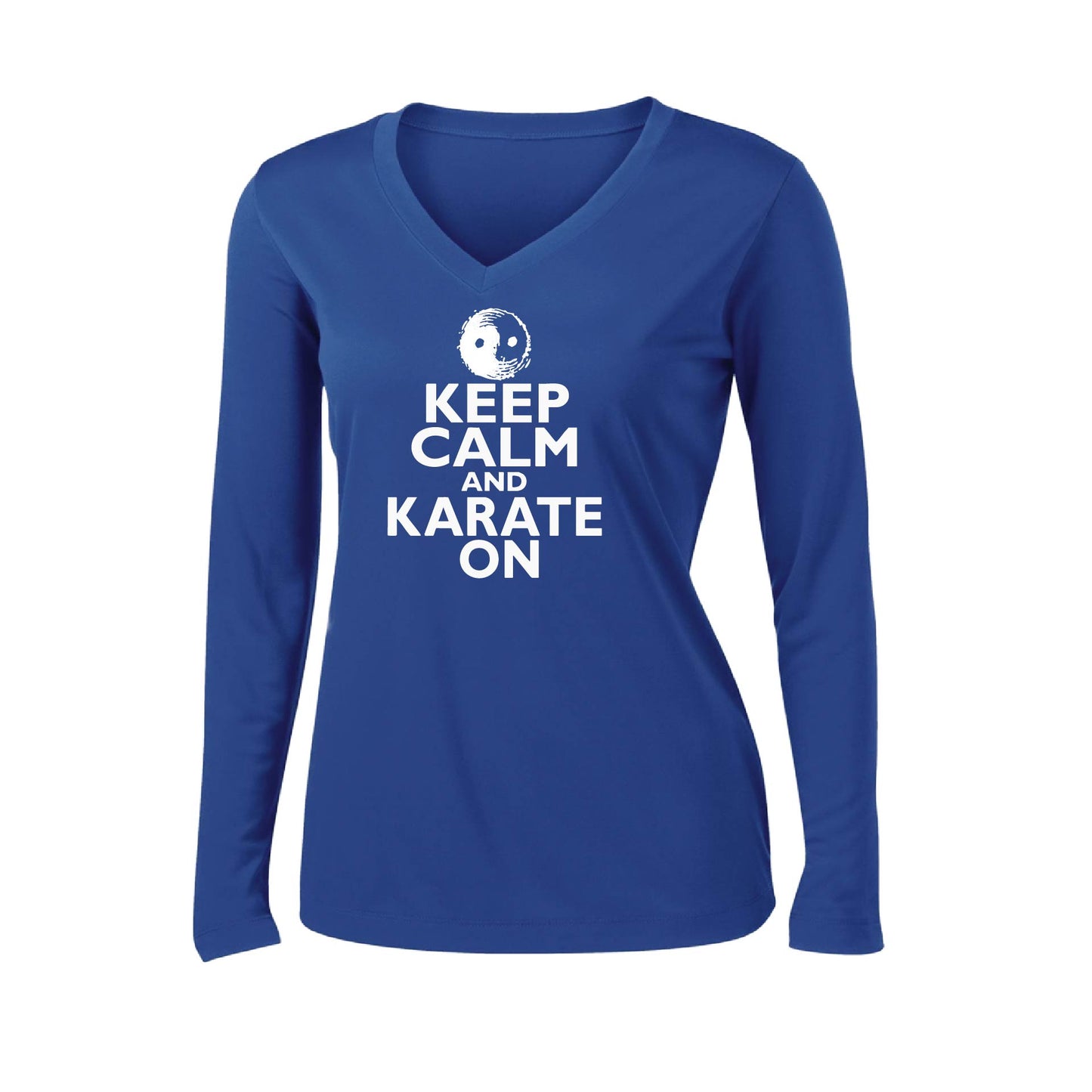 Keep Calm and Karate On | Women’s Long Sleeve V-Neck Karate Performance T-Shirt | 100% Polyester