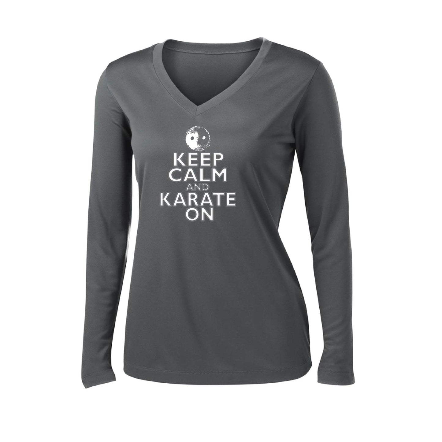 Keep Calm and Karate On (Grey Outlined) | Women’s Long Sleeve V-Neck Karate Performance T-Shirt | 100% Polyester