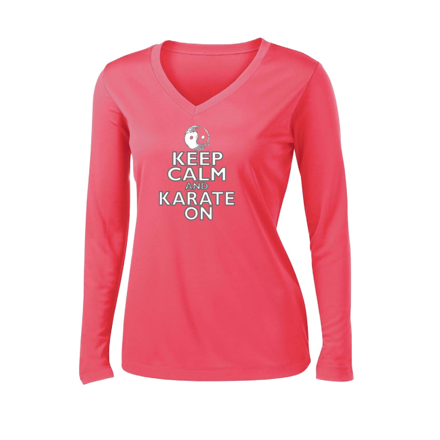 Keep Calm and Karate On (Grey Outlined) | Women’s Long Sleeve V-Neck Karate Performance T-Shirt | 100% Polyester