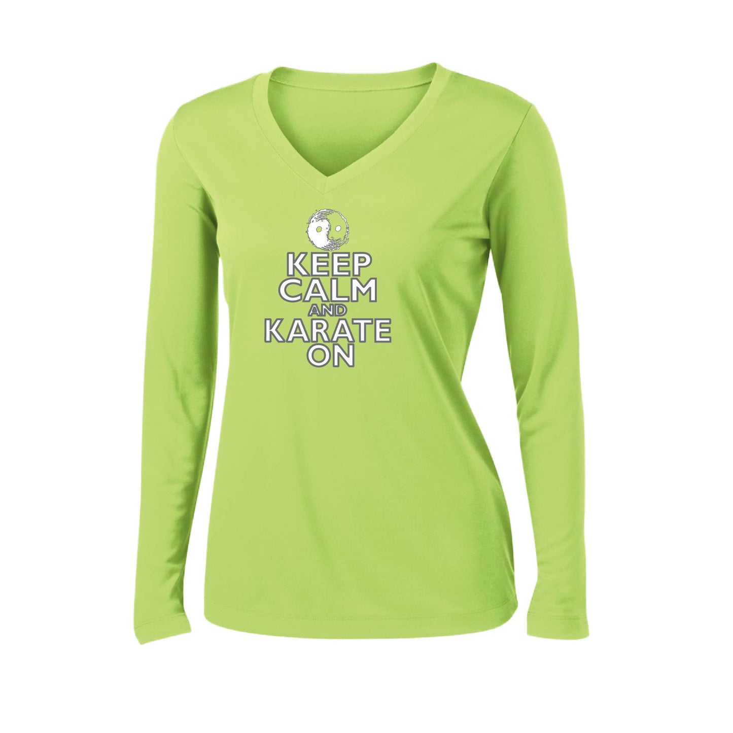 Keep Calm and Karate On (Grey Outlined) | Women’s Long Sleeve V-Neck Karate Performance T-Shirt | 100% Polyester
