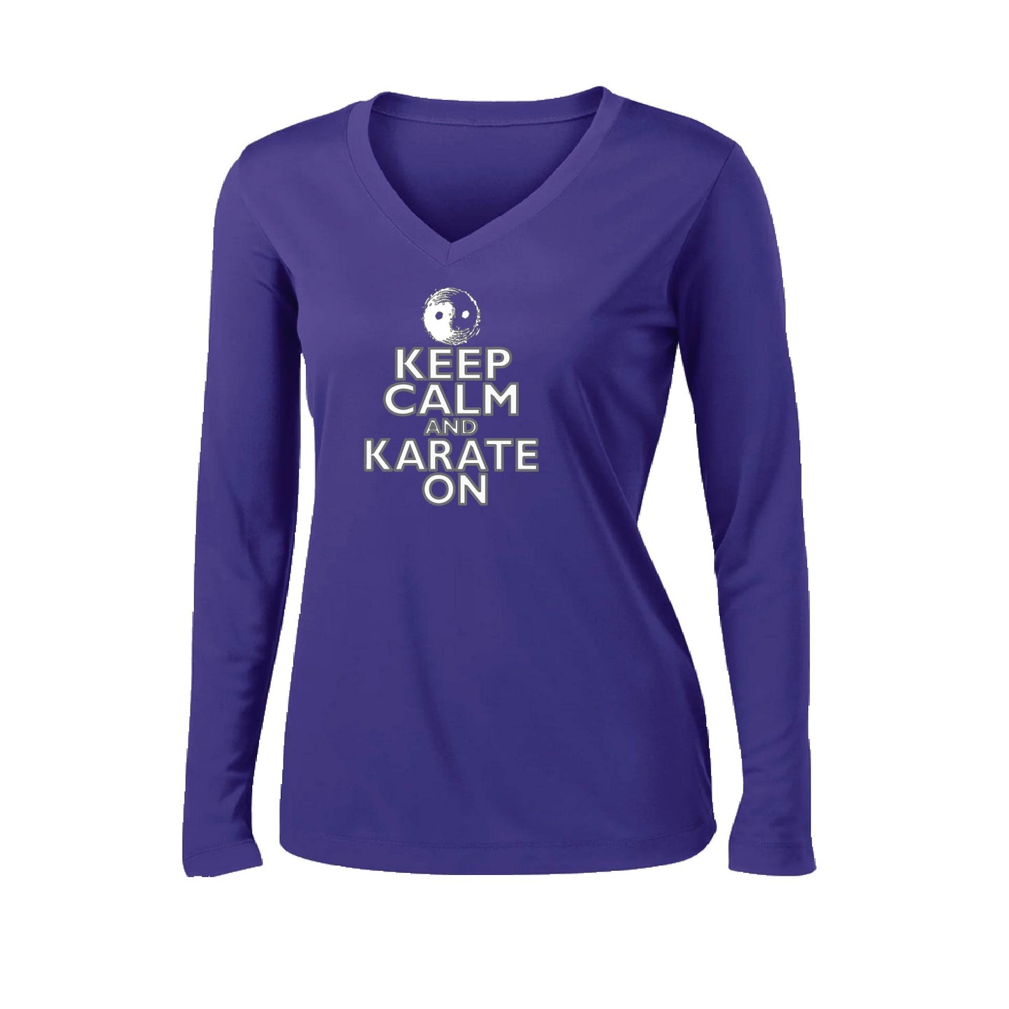 Keep Calm and Karate On (Grey Outlined) | Women’s Long Sleeve V-Neck Karate Performance T-Shirt | 100% Polyester