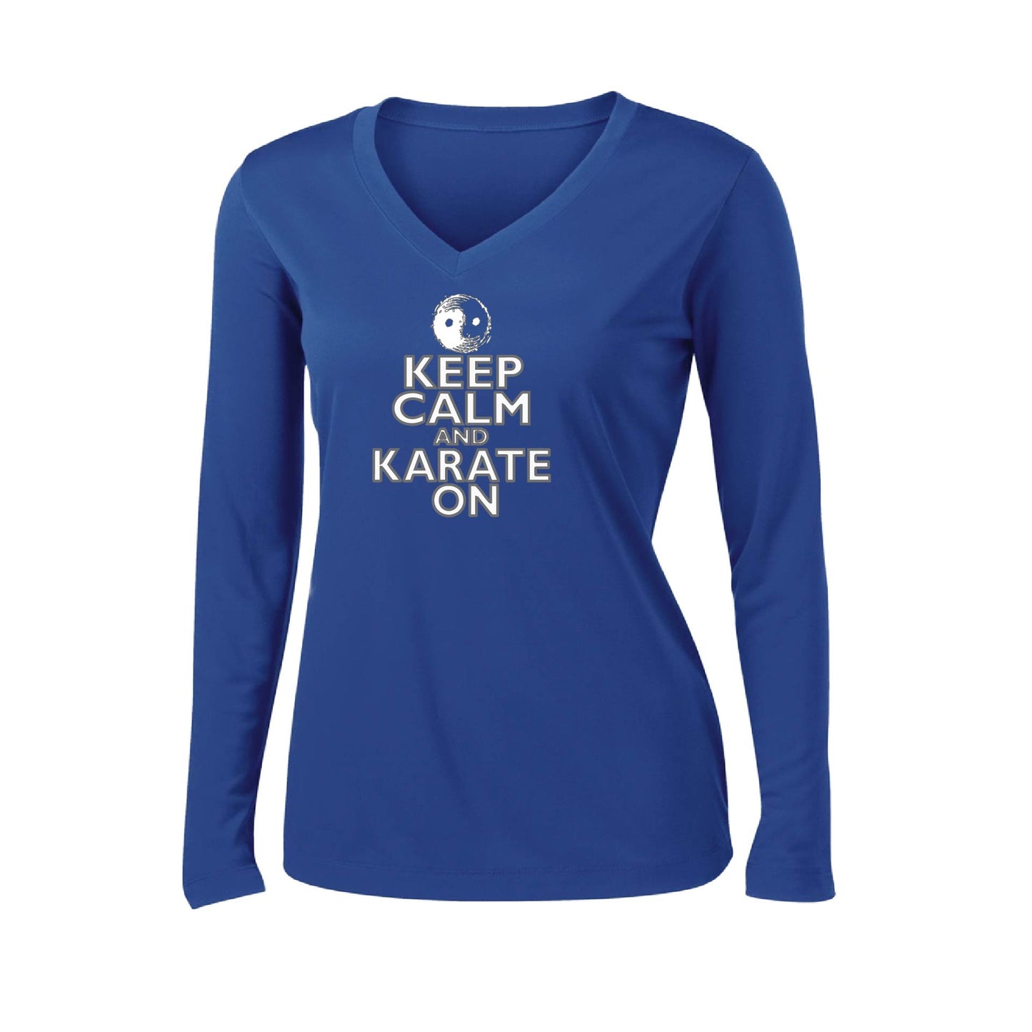 Keep Calm and Karate On (Grey Outlined) | Women’s Long Sleeve V-Neck Karate Performance T-Shirt | 100% Polyester