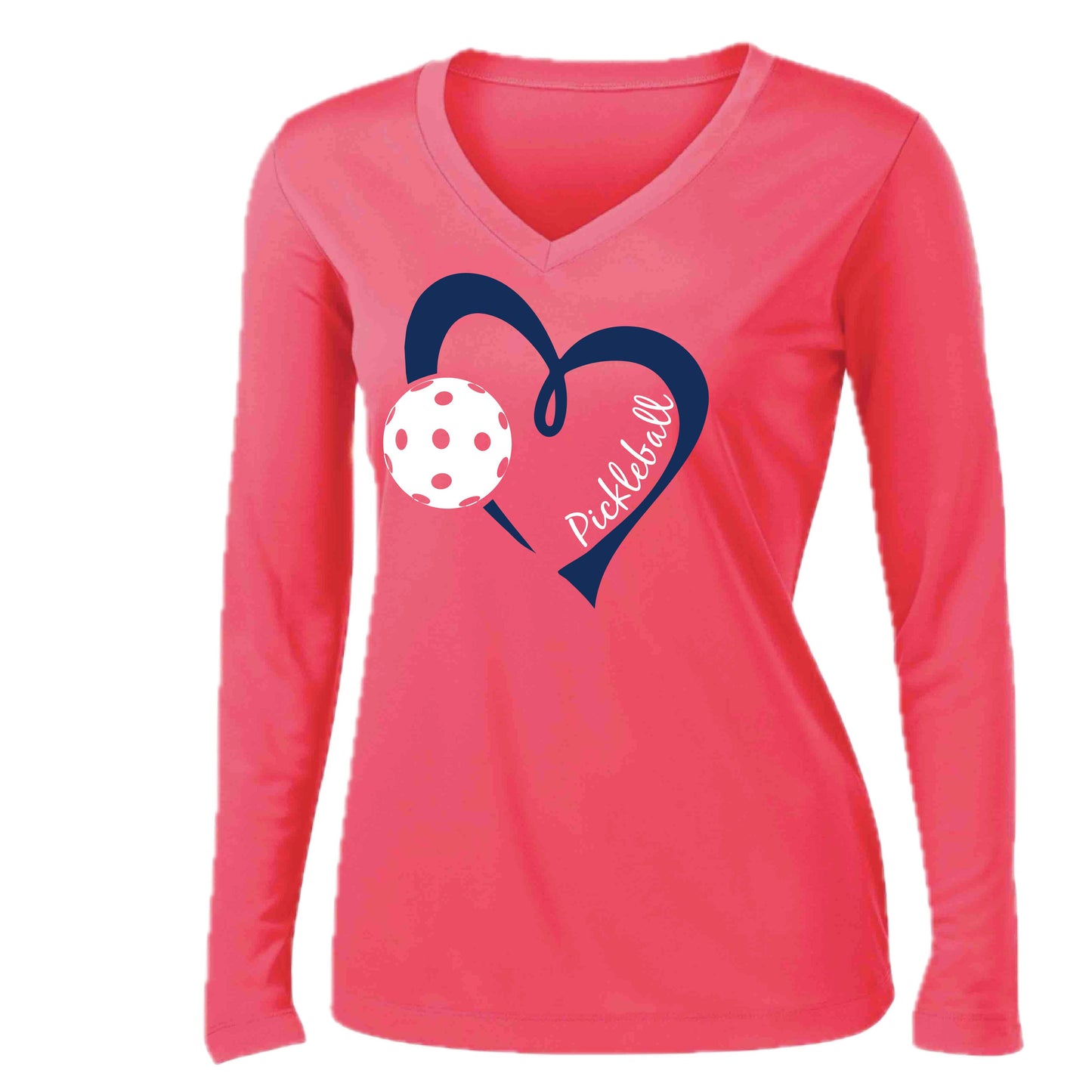 Pickleball Love (Navy) | Women’s Long Sleeve V-Neck Pickleball Performance T-Shirt | 100% Polyester