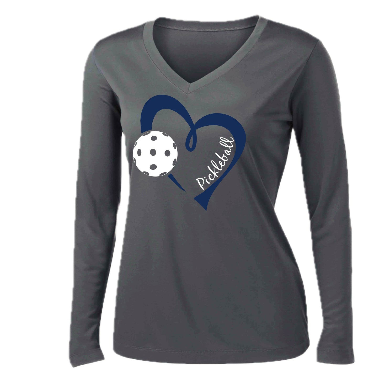 Pickleball Love (Navy) | Women’s Long Sleeve V-Neck Pickleball Performance T-Shirt | 100% Polyester