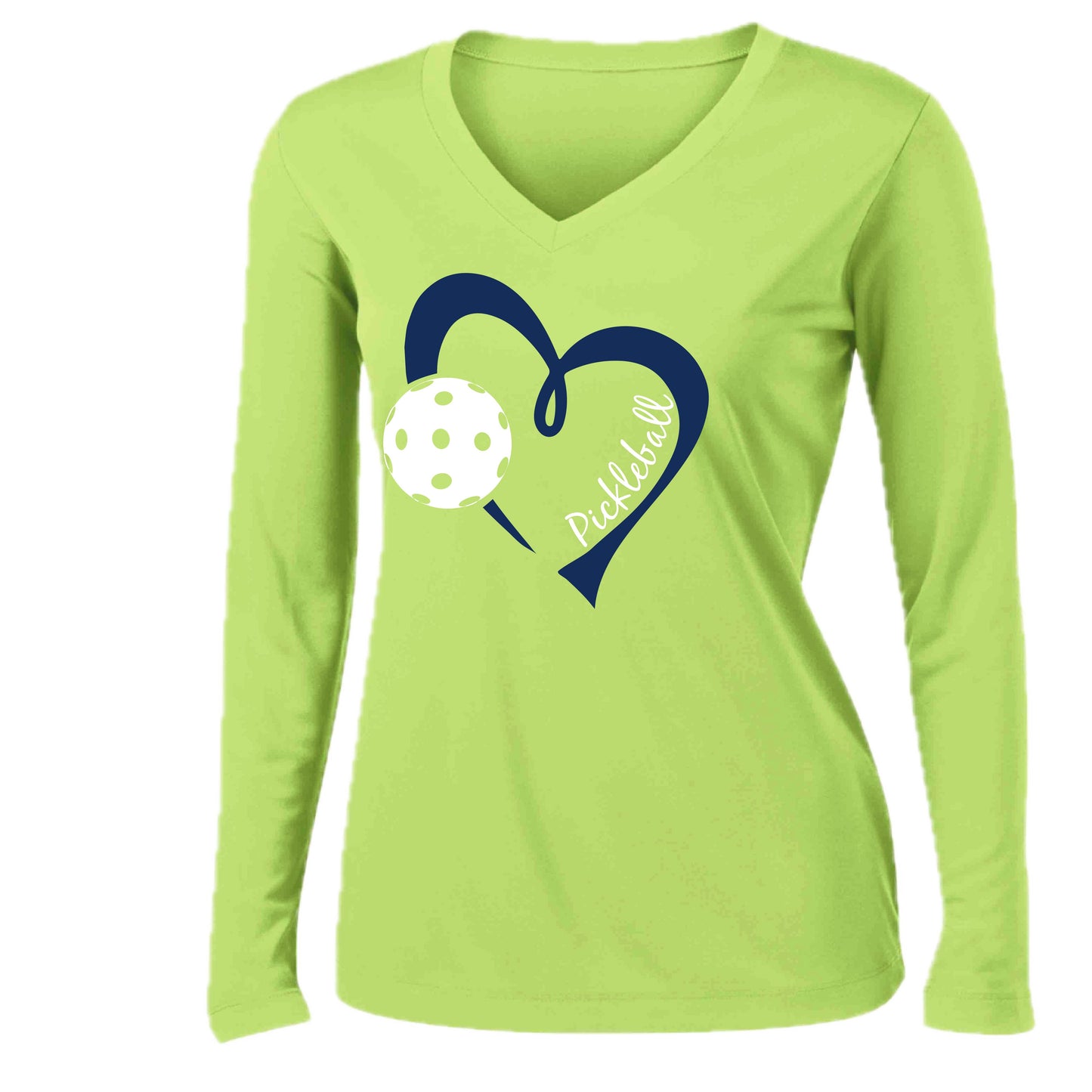 Pickleball Love (Navy) | Women’s Long Sleeve V-Neck Pickleball Performance T-Shirt | 100% Polyester