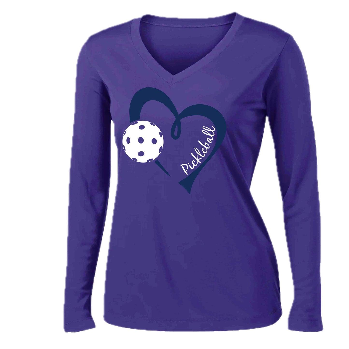 Pickleball Love (Navy) | Women’s Long Sleeve V-Neck Pickleball Performance T-Shirt | 100% Polyester
