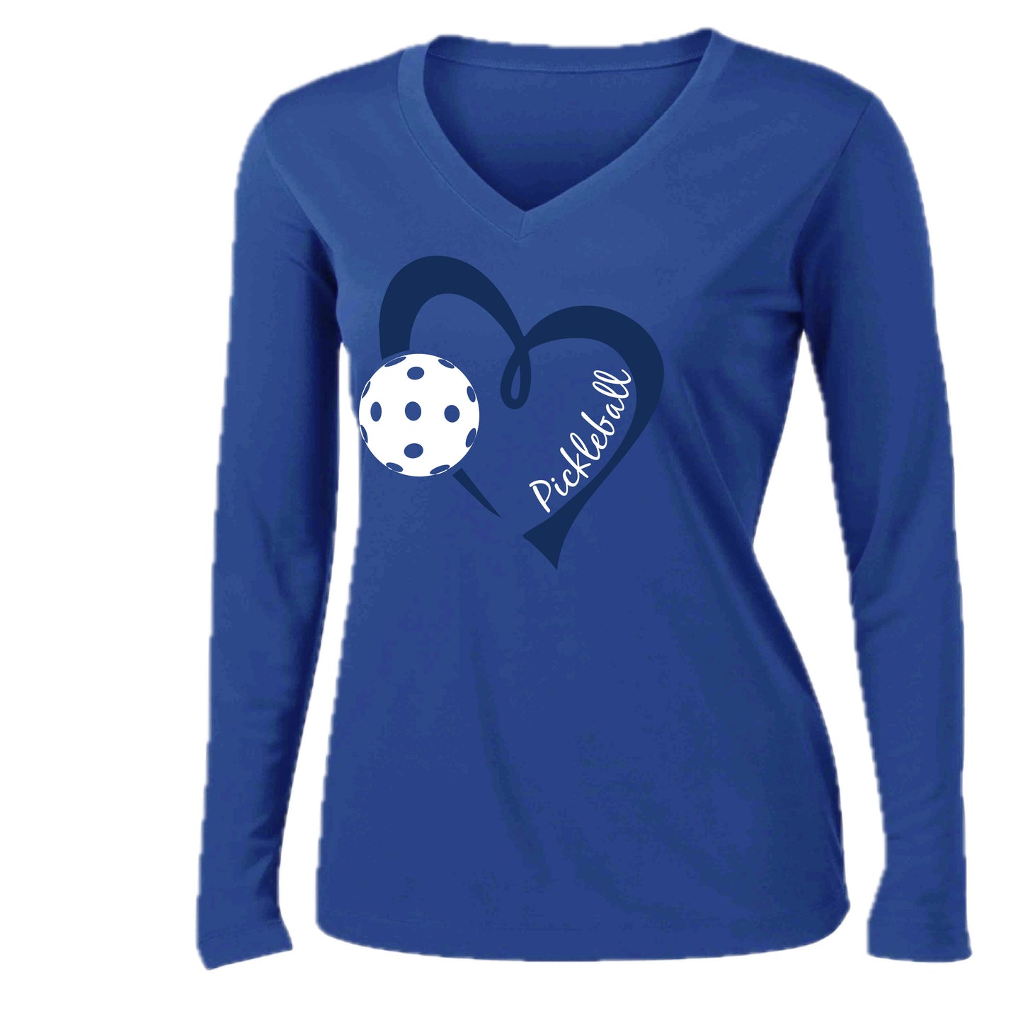 Pickleball Love (Navy) | Women’s Long Sleeve V-Neck Pickleball Performance T-Shirt | 100% Polyester