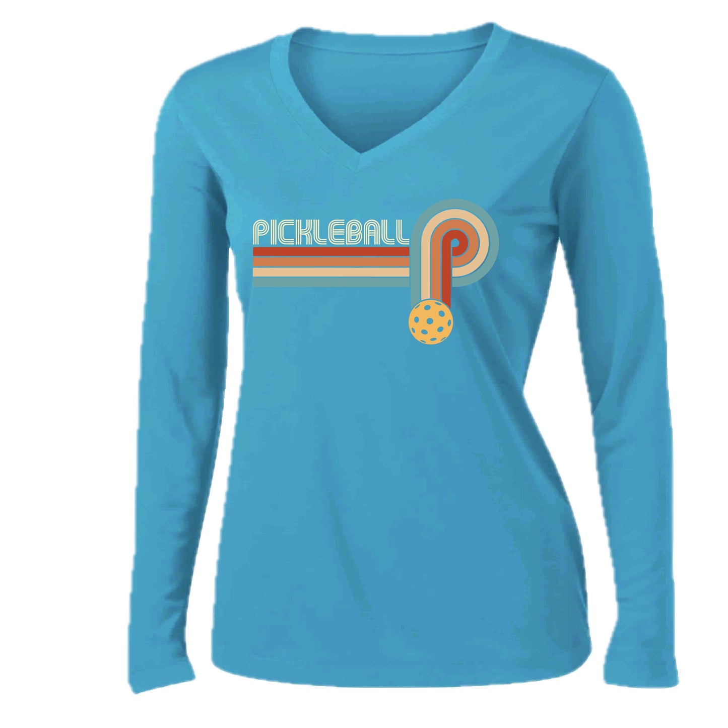 Retro Pickleball | Women’s Long Sleeve V-Neck Performance T-Shirt | 100% Polyester