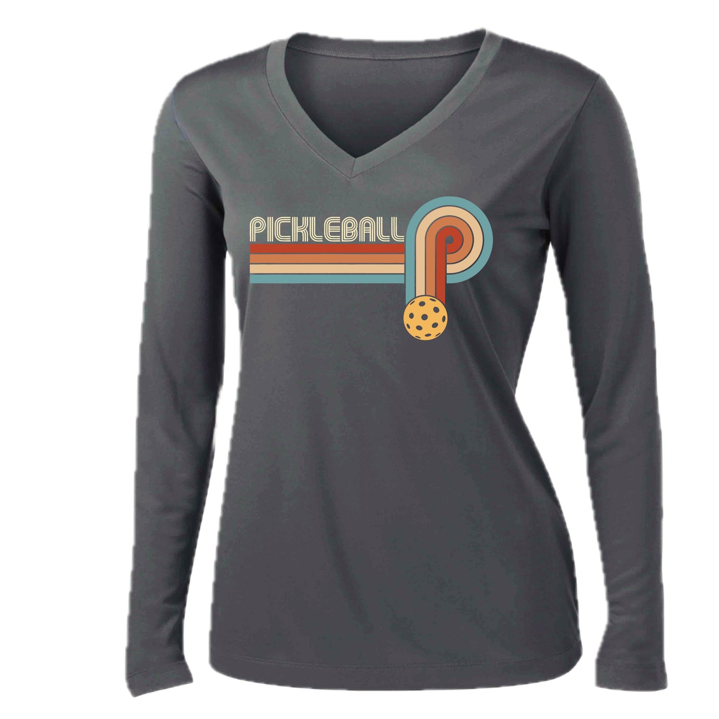 Retro Pickleball | Women’s Long Sleeve V-Neck Performance T-Shirt | 100% Polyester