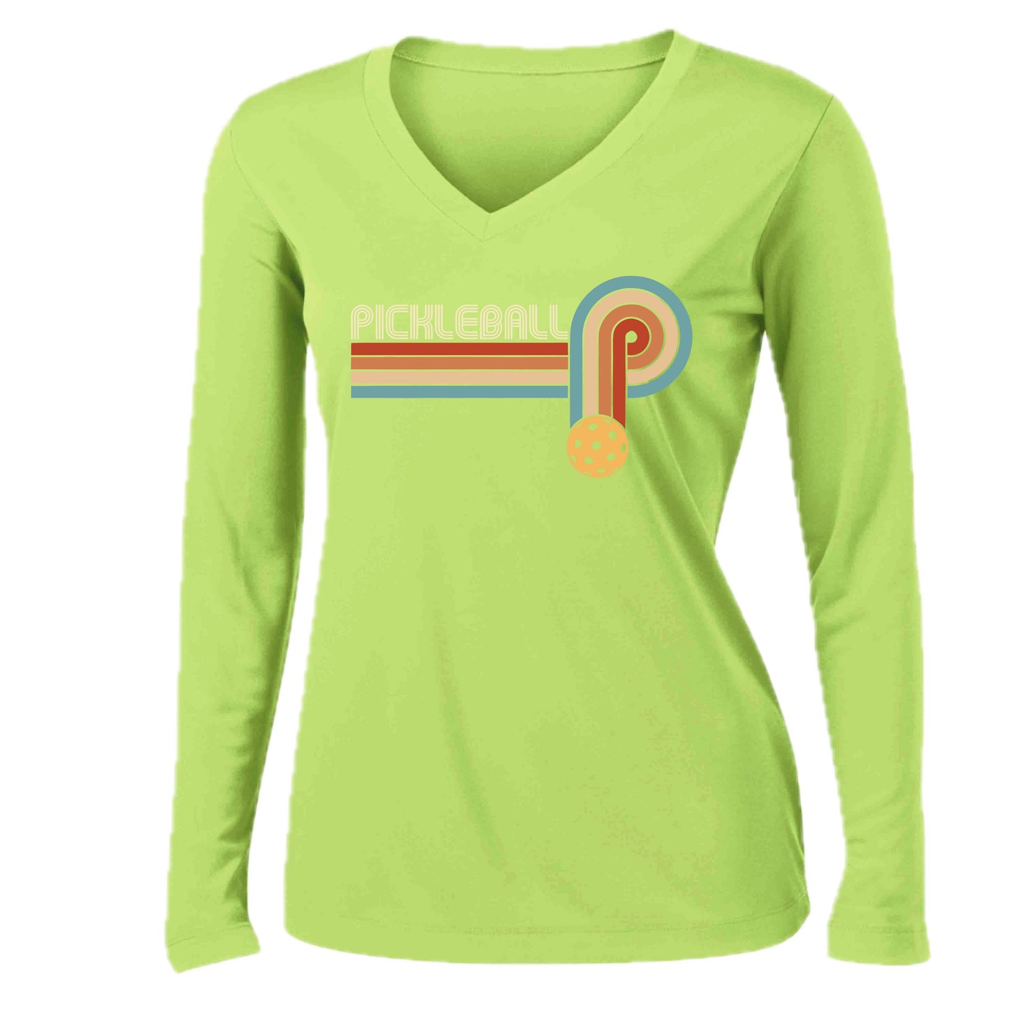 Retro Pickleball | Women’s Long Sleeve V-Neck Performance T-Shirt | 100% Polyester