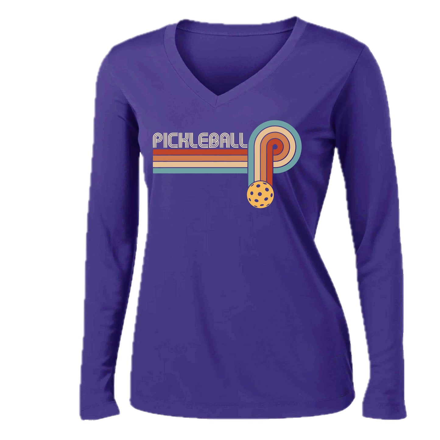 Retro Pickleball | Women’s Long Sleeve V-Neck Performance T-Shirt | 100% Polyester