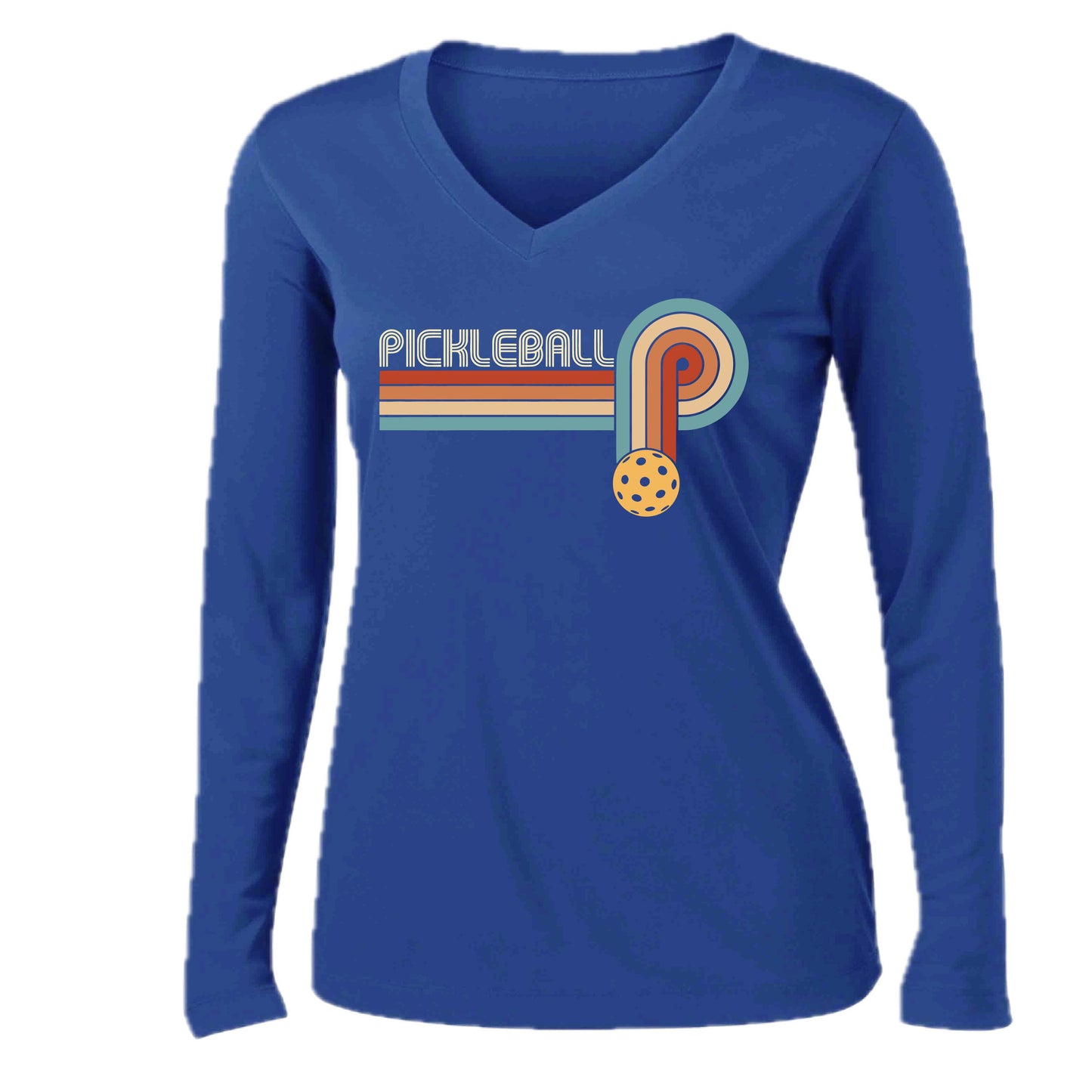 Retro Pickleball | Women’s Long Sleeve V-Neck Performance T-Shirt | 100% Polyester