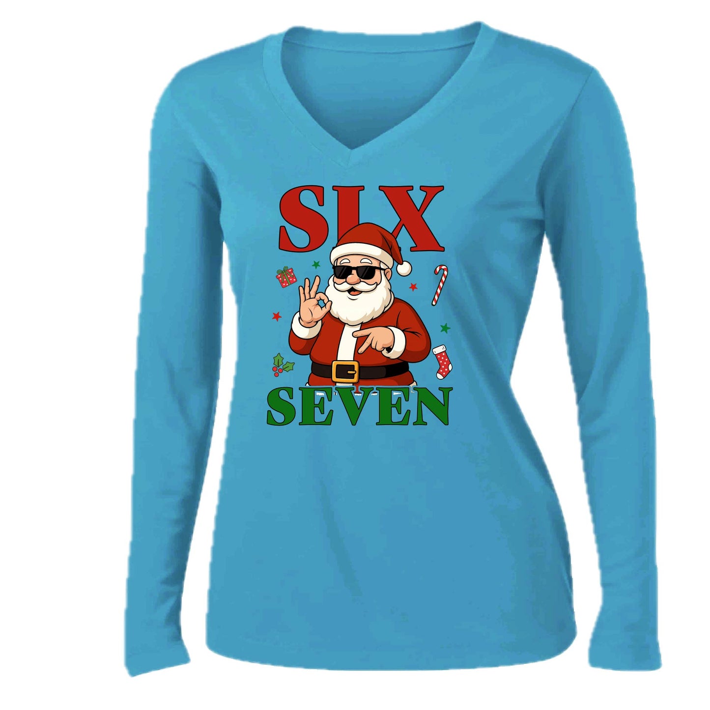 67 Santa | Women’s Long Sleeve V-Neck Performance T-Shirt | 100% Polyester