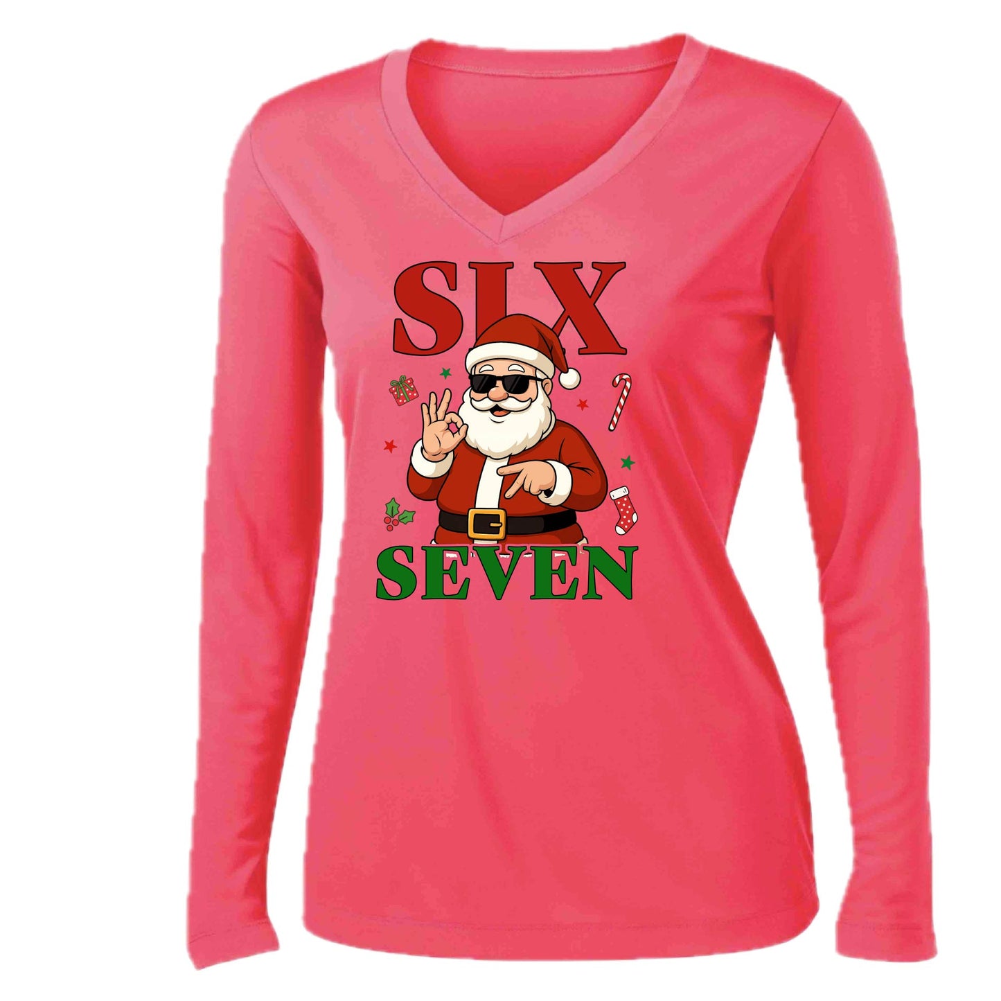 67 Santa | Women’s Long Sleeve V-Neck Performance T-Shirt | 100% Polyester