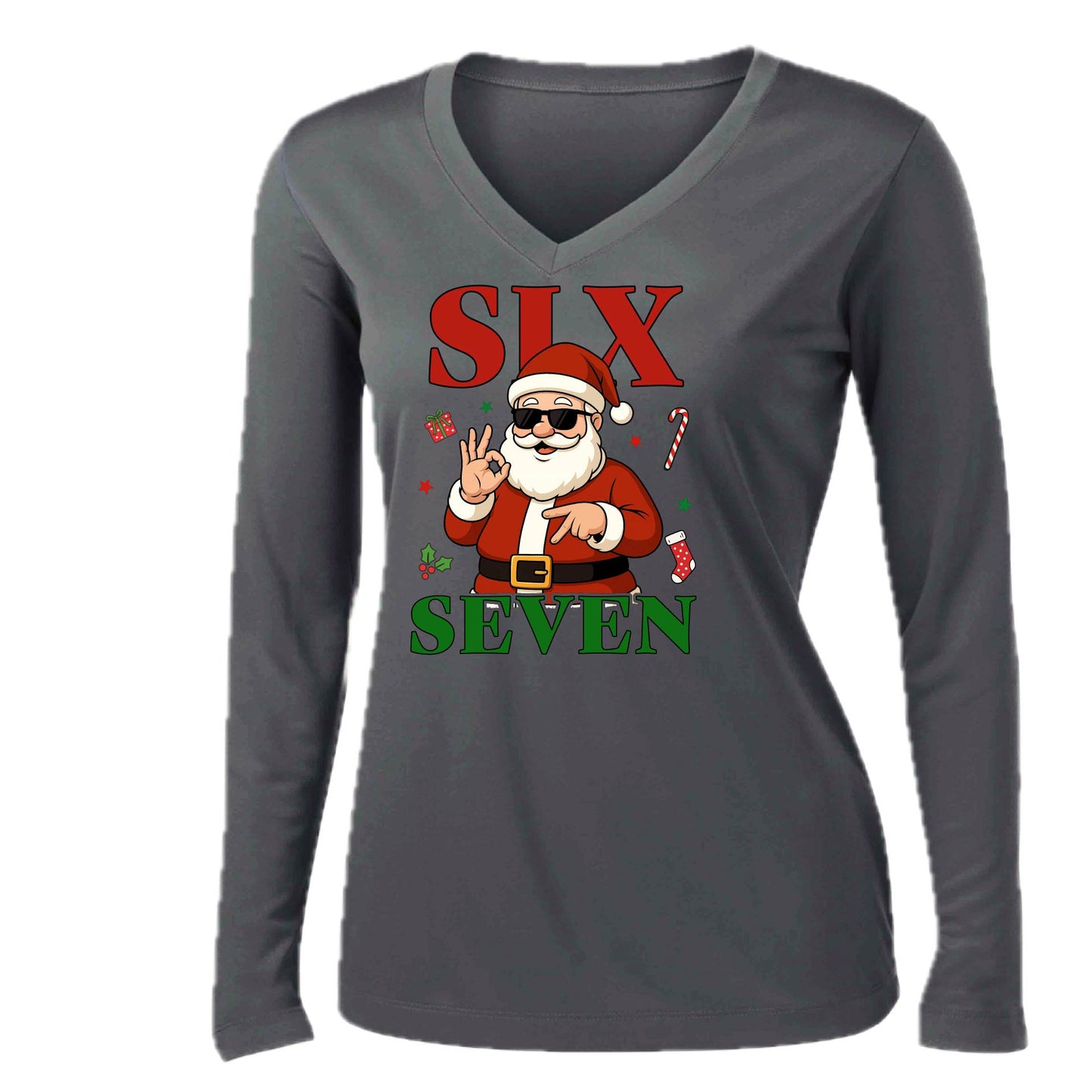 67 Santa | Women’s Long Sleeve V-Neck Performance T-Shirt | 100% Polyester
