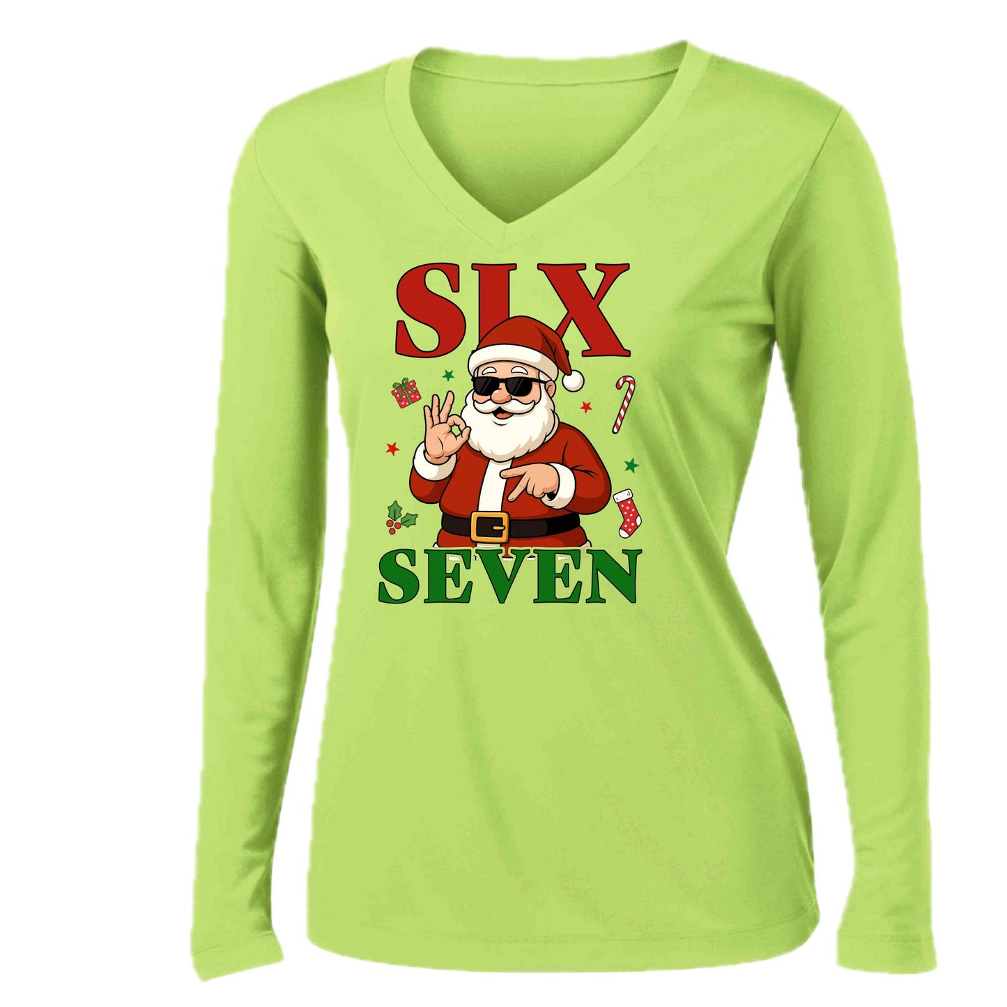 67 Santa | Women’s Long Sleeve V-Neck Performance T-Shirt | 100% Polyester