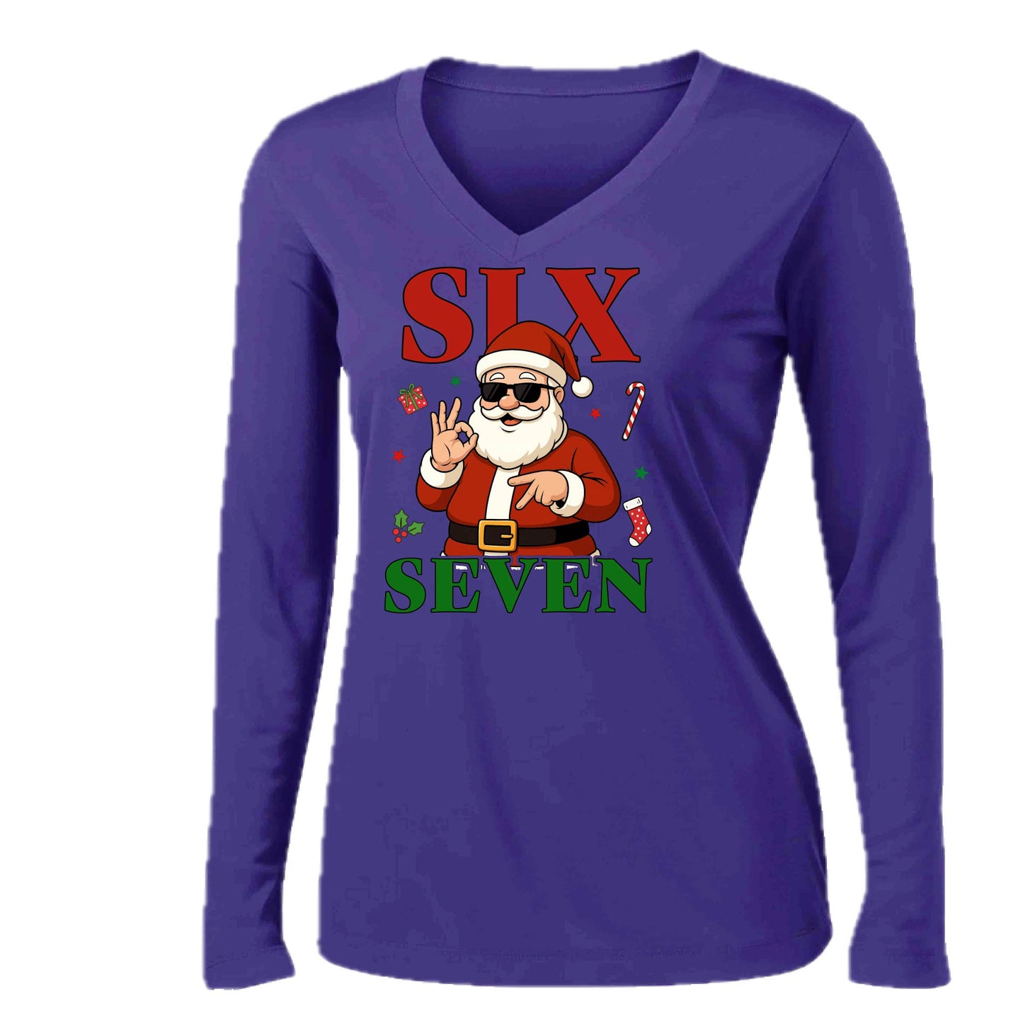 67 Santa | Women’s Long Sleeve V-Neck Performance T-Shirt | 100% Polyester