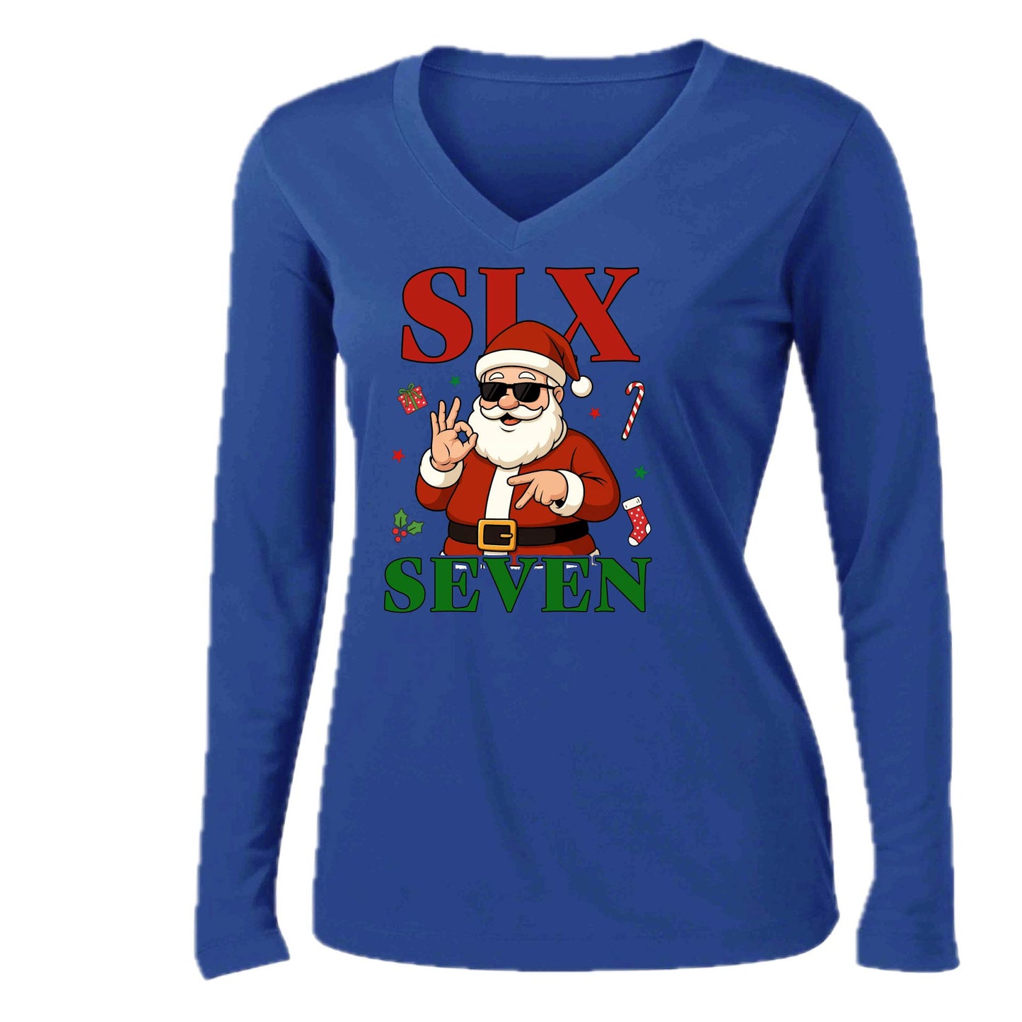 67 Santa | Women’s Long Sleeve V-Neck Performance T-Shirt | 100% Polyester