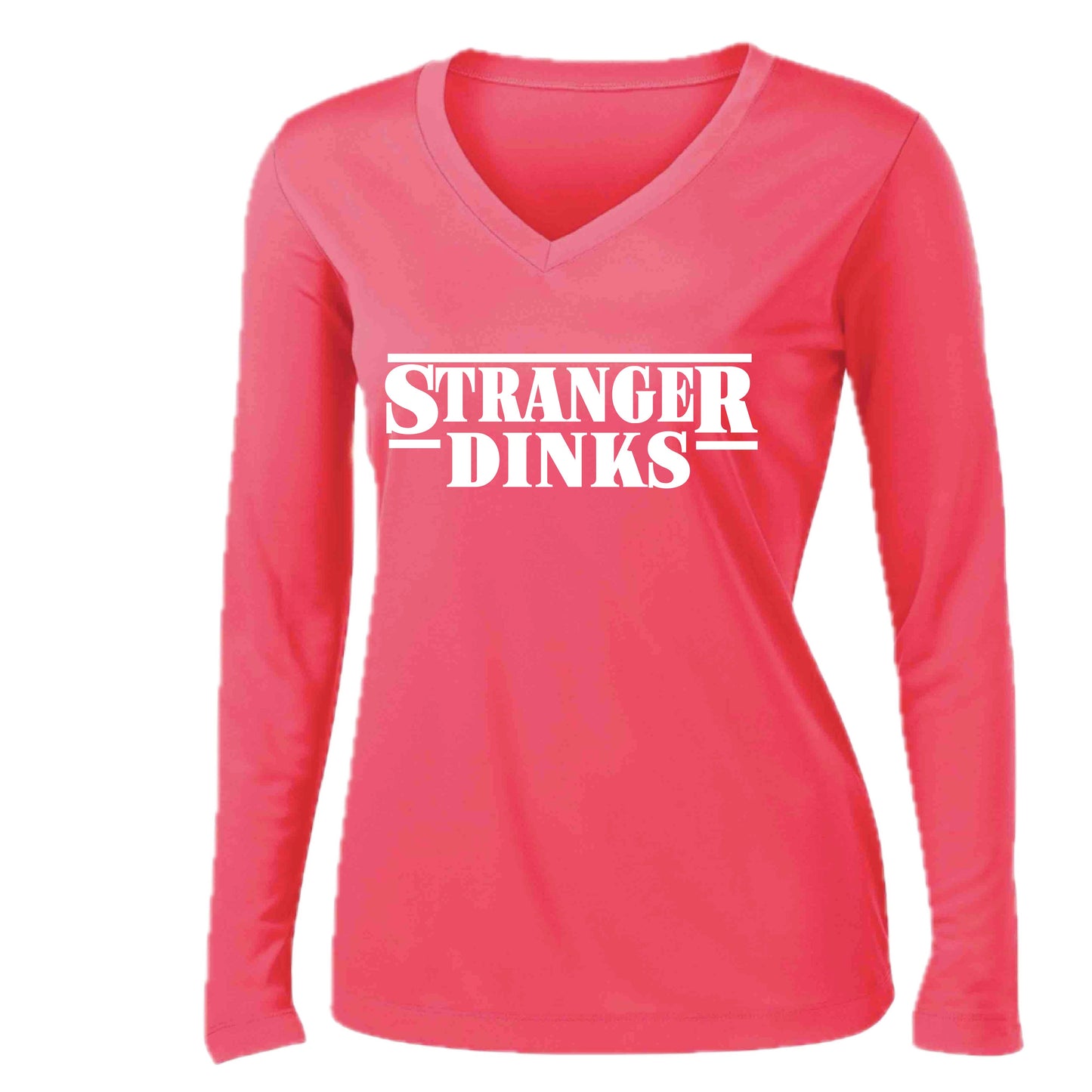 Stranger Dinks | Women’s Long Sleeve V-Neck Performance T-Shirt | 100% Polyester