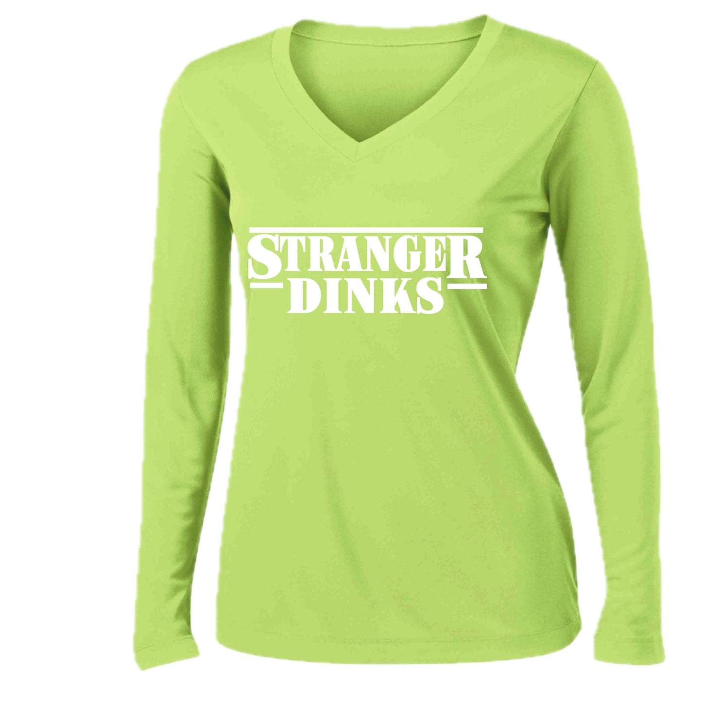 Stranger Dinks | Women’s Long Sleeve V-Neck Performance T-Shirt | 100% Polyester