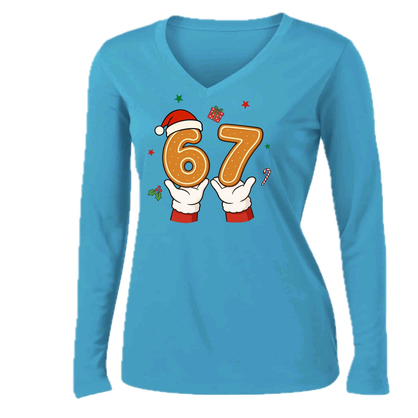 67 Christmas | Women’s Long Sleeve V-Neck Performance T-Shirt | 100% Polyester