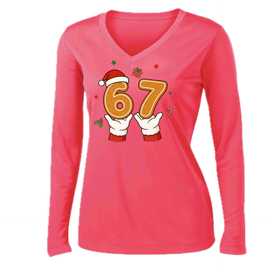 67 Christmas | Women’s Long Sleeve V-Neck Performance T-Shirt | 100% Polyester