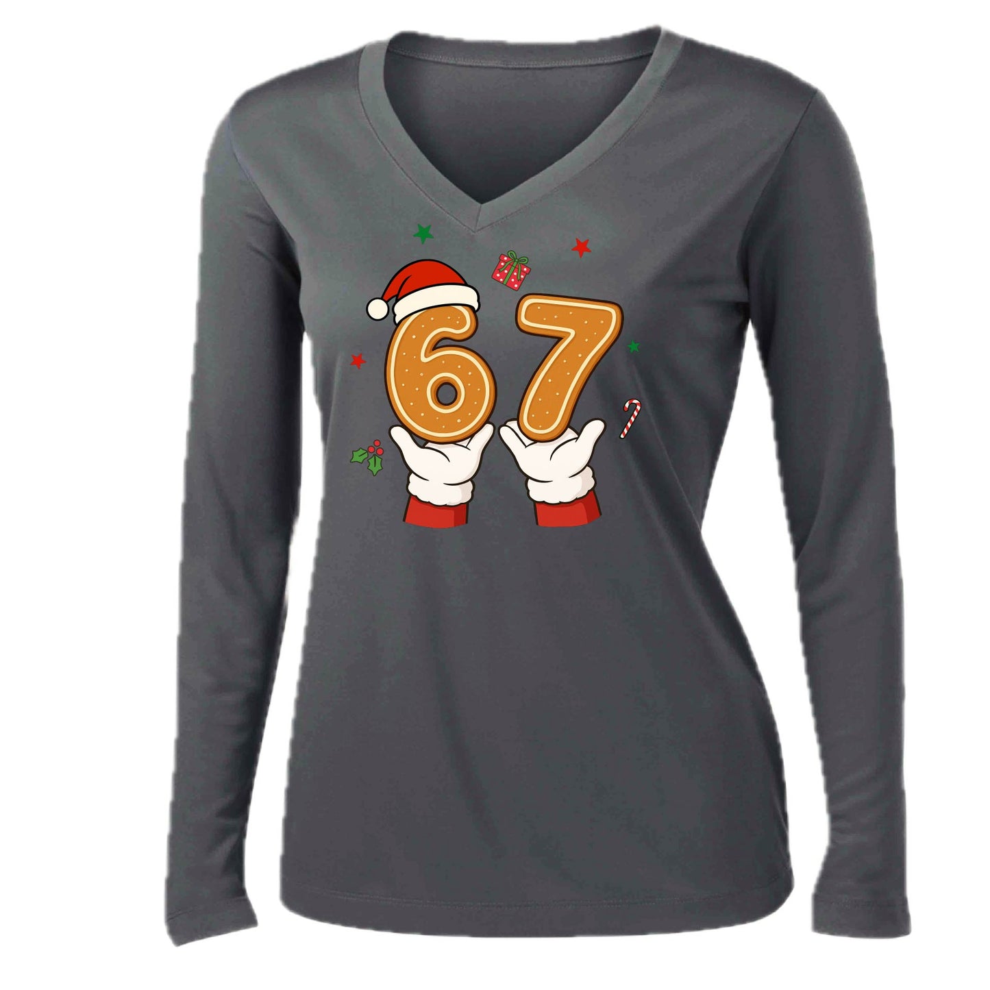 67 Christmas | Women’s Long Sleeve V-Neck Performance T-Shirt | 100% Polyester