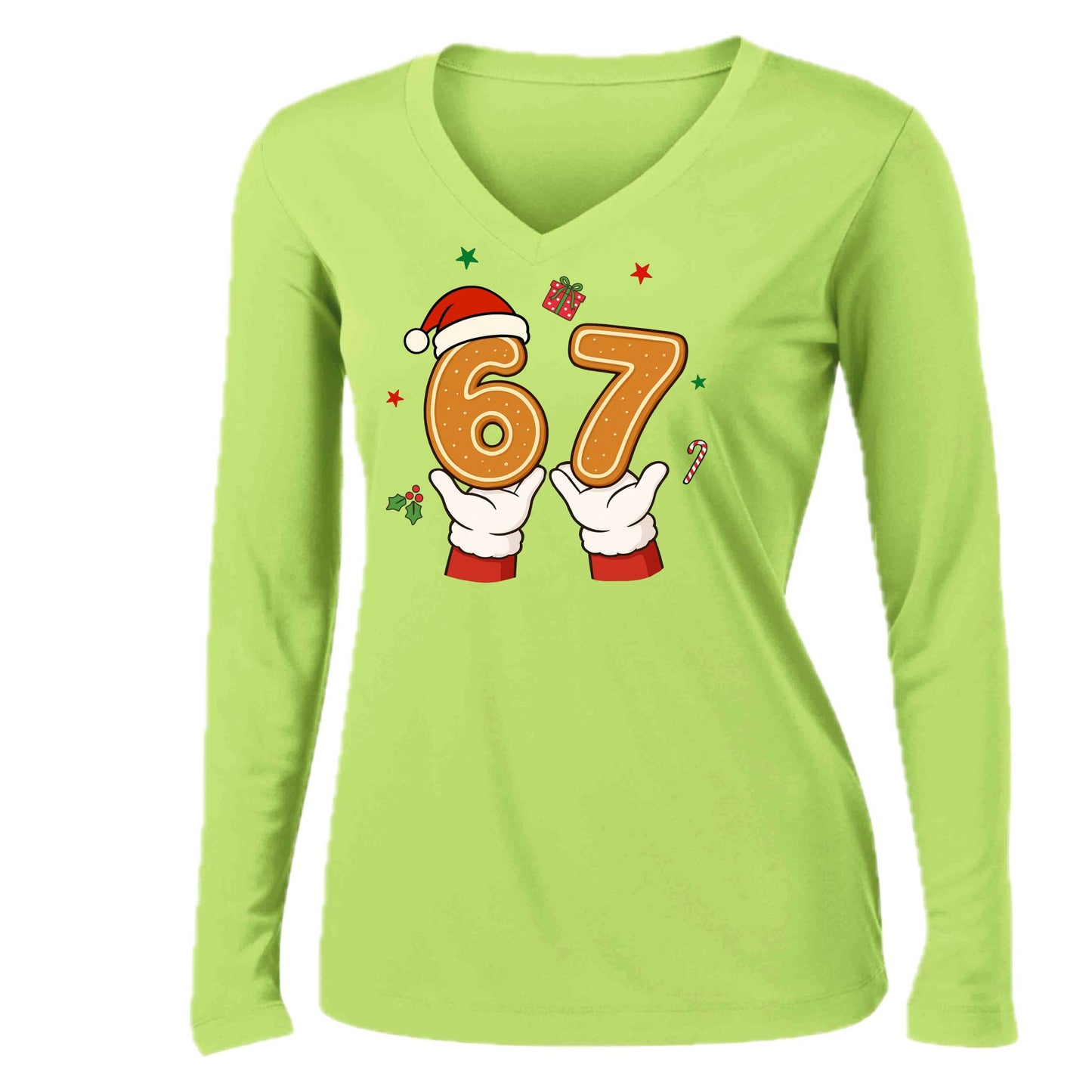 67 Christmas | Women’s Long Sleeve V-Neck Performance T-Shirt | 100% Polyester