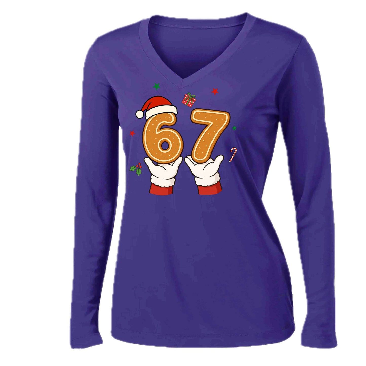 67 Christmas | Women’s Long Sleeve V-Neck Performance T-Shirt | 100% Polyester