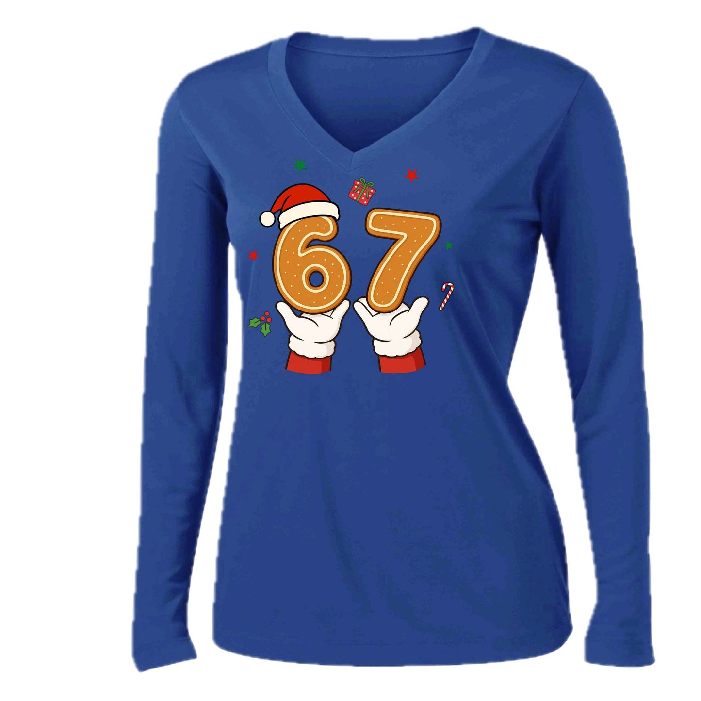 67 Christmas | Women’s Long Sleeve V-Neck Performance T-Shirt | 100% Polyester