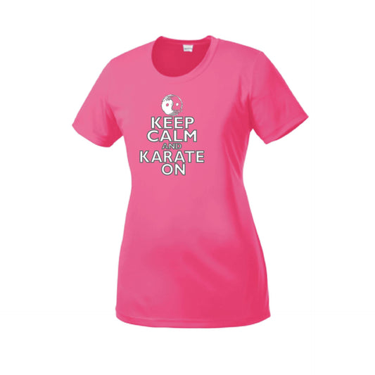 Keep Calm and Karate On (Grey Outlined) | Women's Short Sleeve Karate Crewneck T-Shirts | 100% Polyester