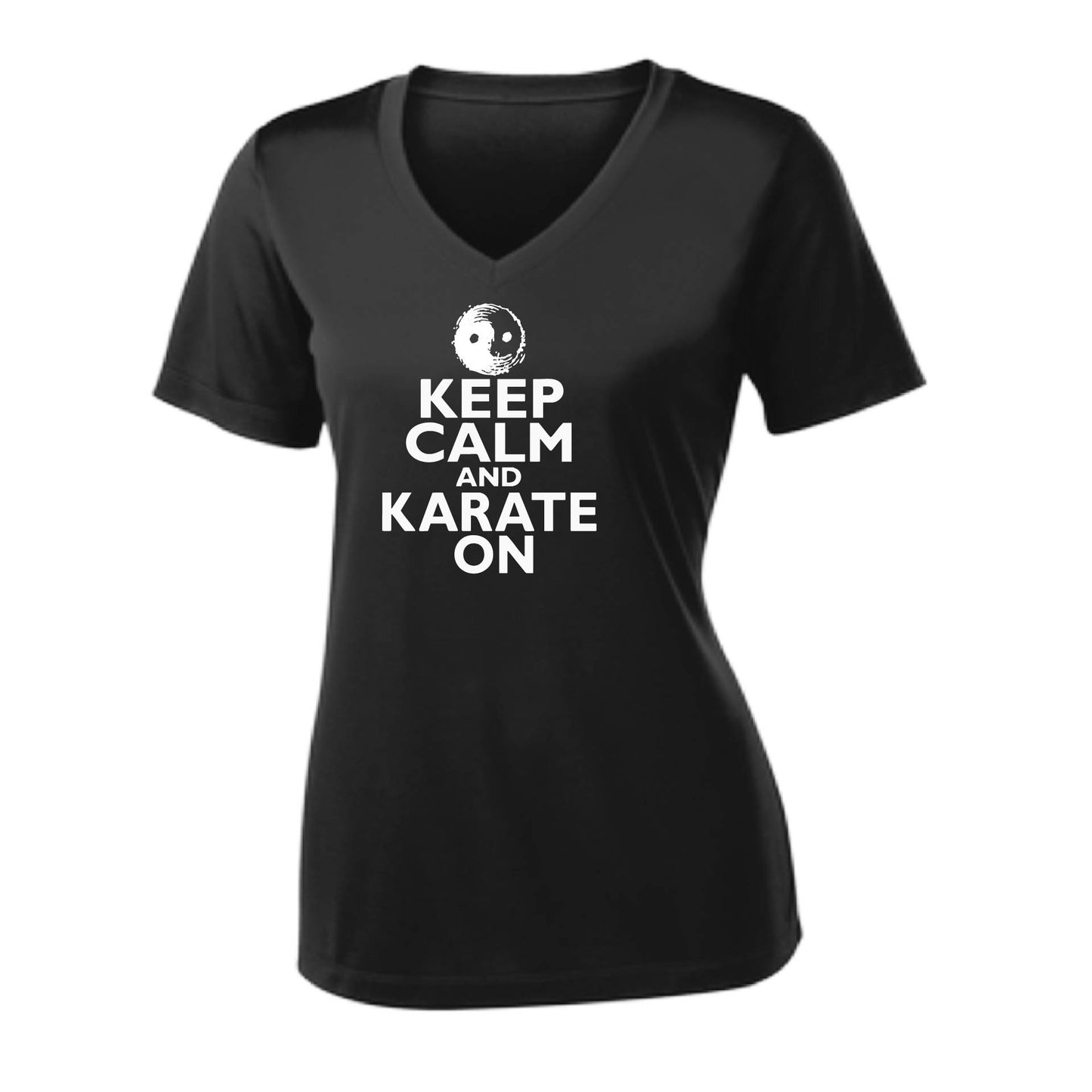 Keep Calm and Karate On | Women's Short Sleeve V-Neck Karate Performance T-Shirts | 100% Polyester