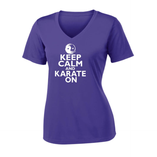 Keep Calm and Karate On | Women's Short Sleeve V-Neck Karate Performance T-Shirts | 100% Polyester